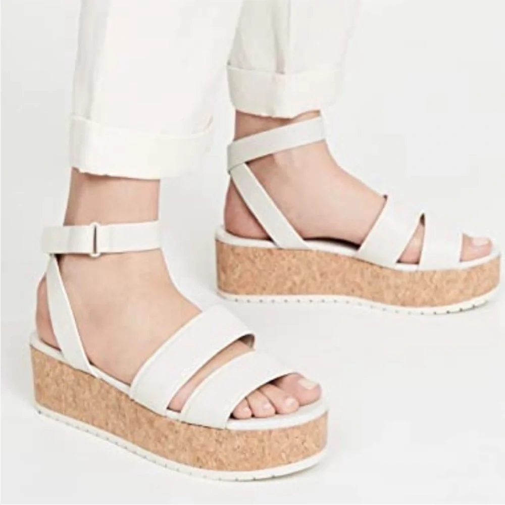 Vince Jet White Leather Cork Platform Valcro Ankle  Straps Size 5.5‎